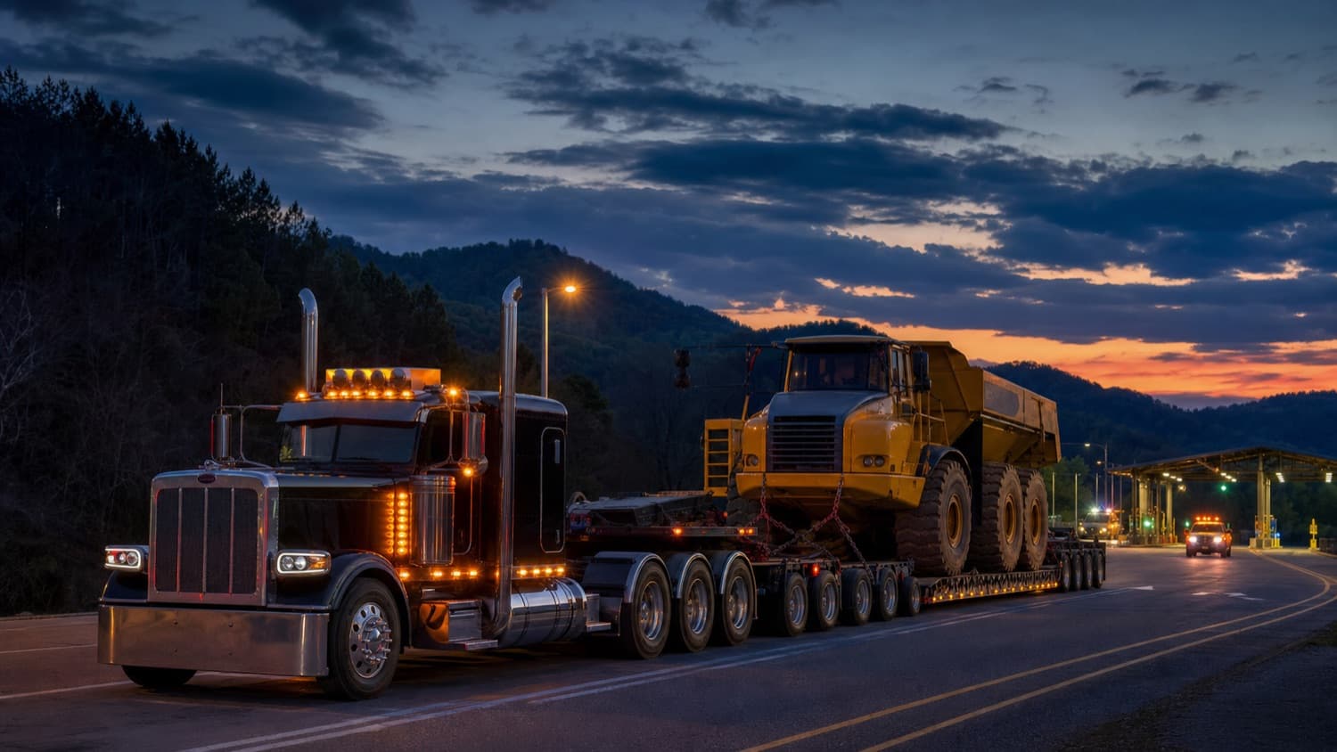 Oversize heavy-haul truck moving at dusk