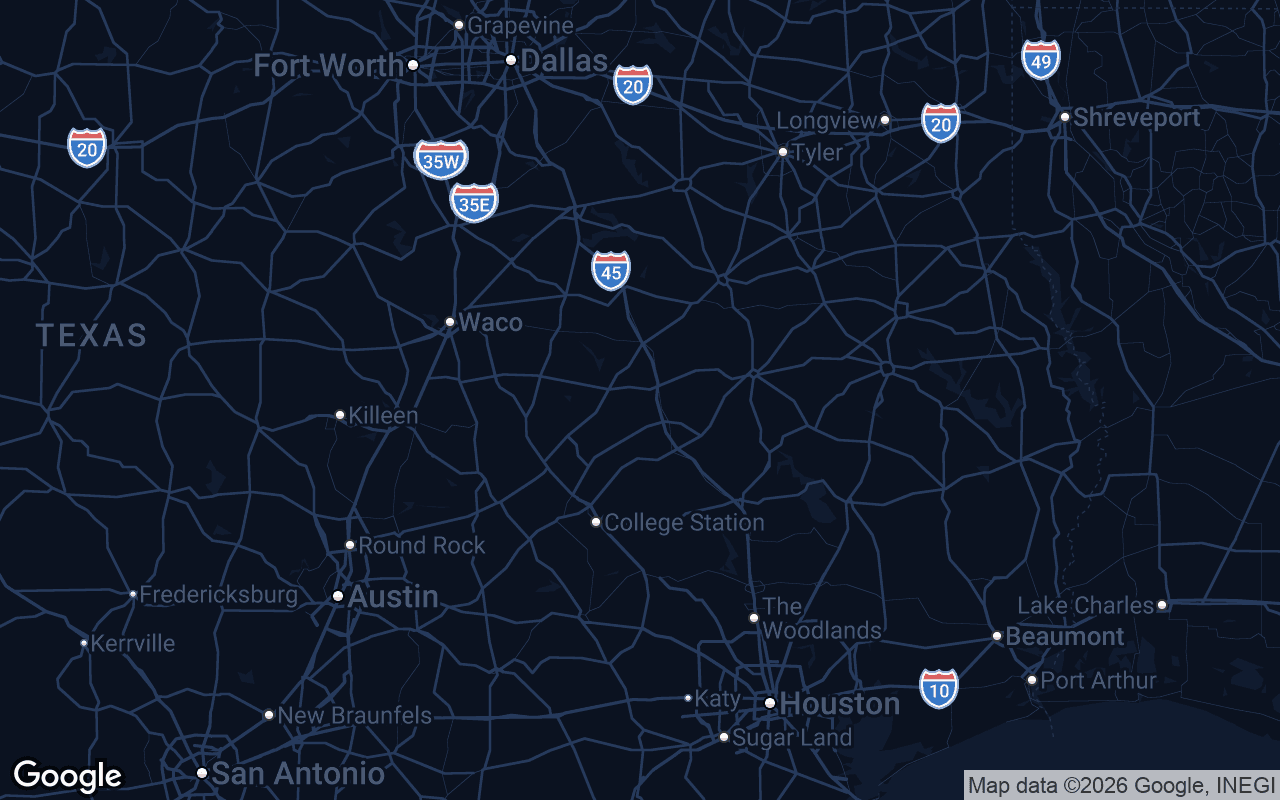 Live route from Dallas to Houston drawn on a dark map