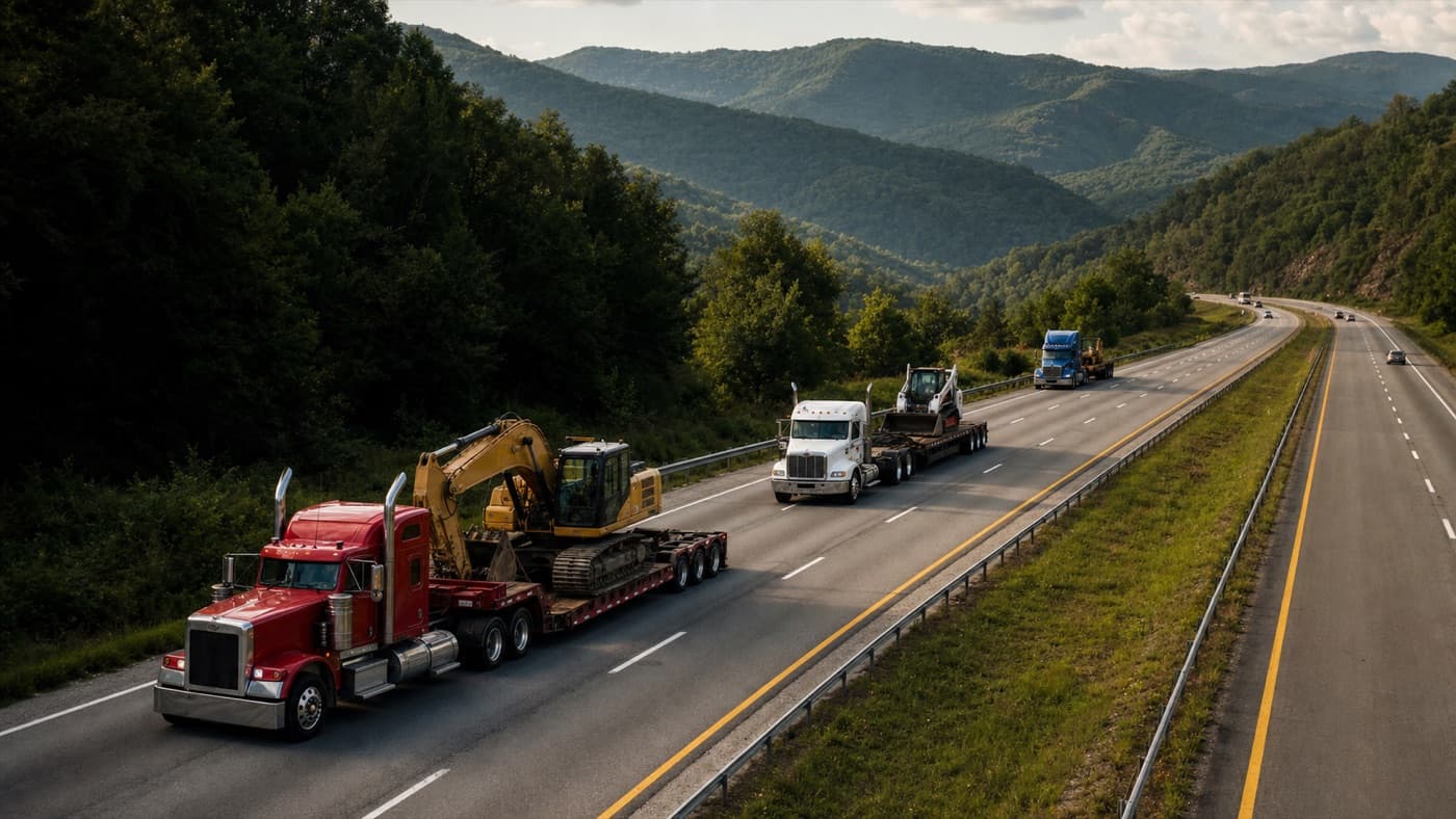 A variety of carrier trucks moving freight along a U.S. interstate