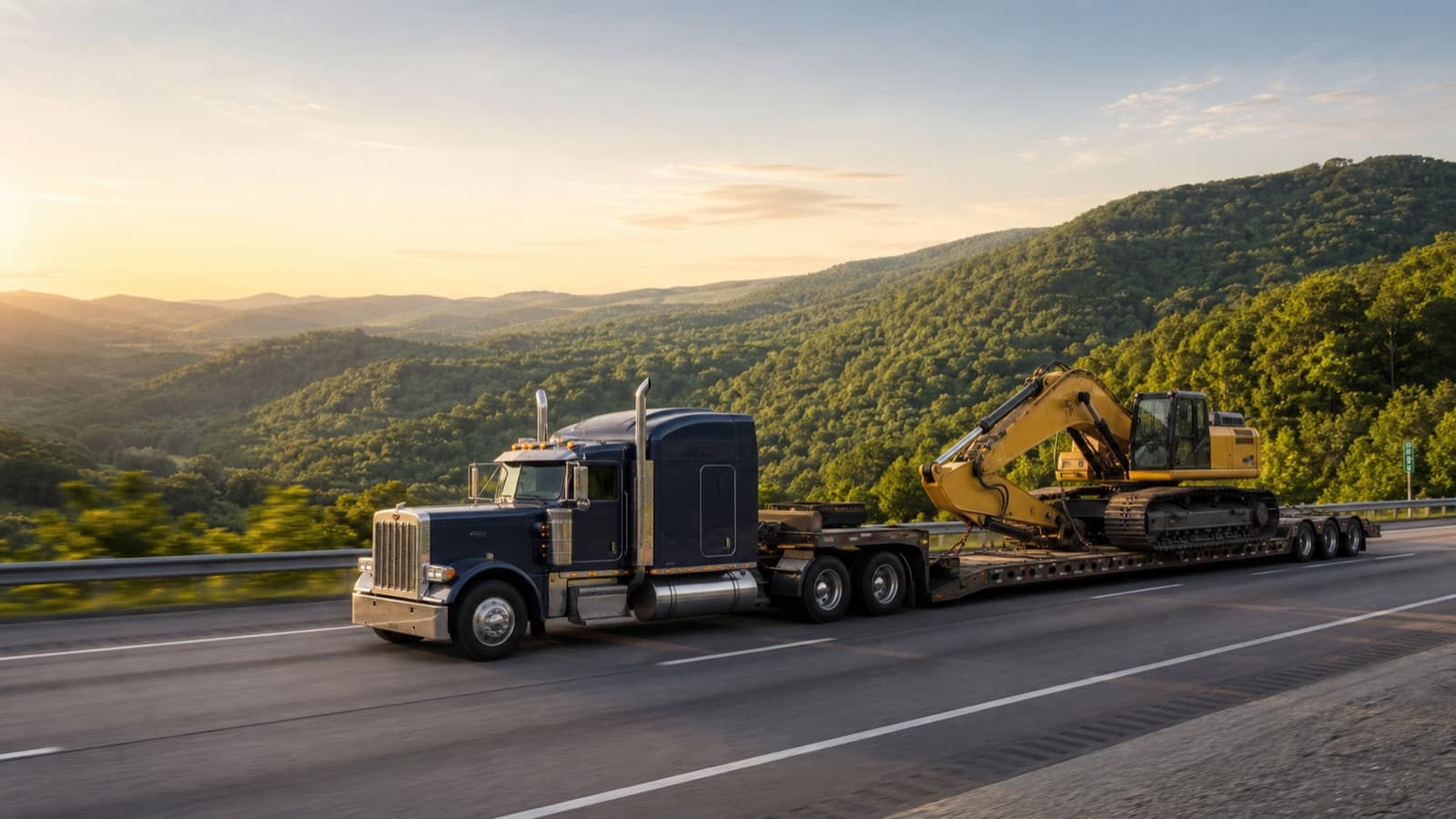 American semi hauling an excavator on a lowboy through the Appalachian mountains