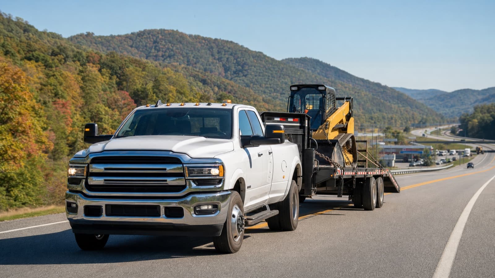 Hotshot pickup hauling a skid steer through Appalachian terrain