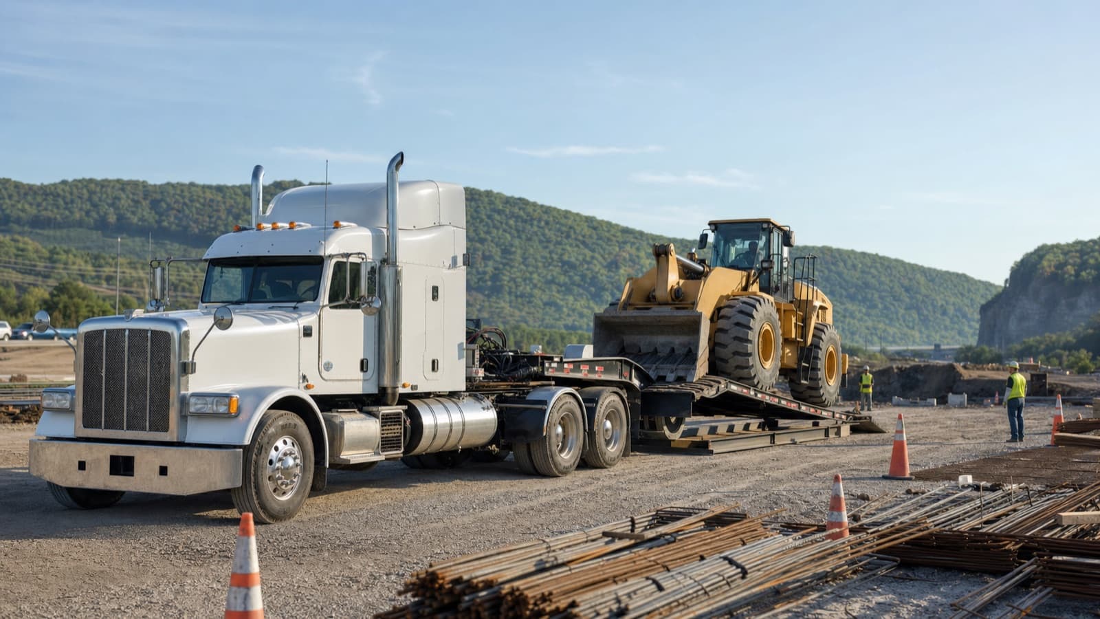 Semi loading construction equipment at a job site