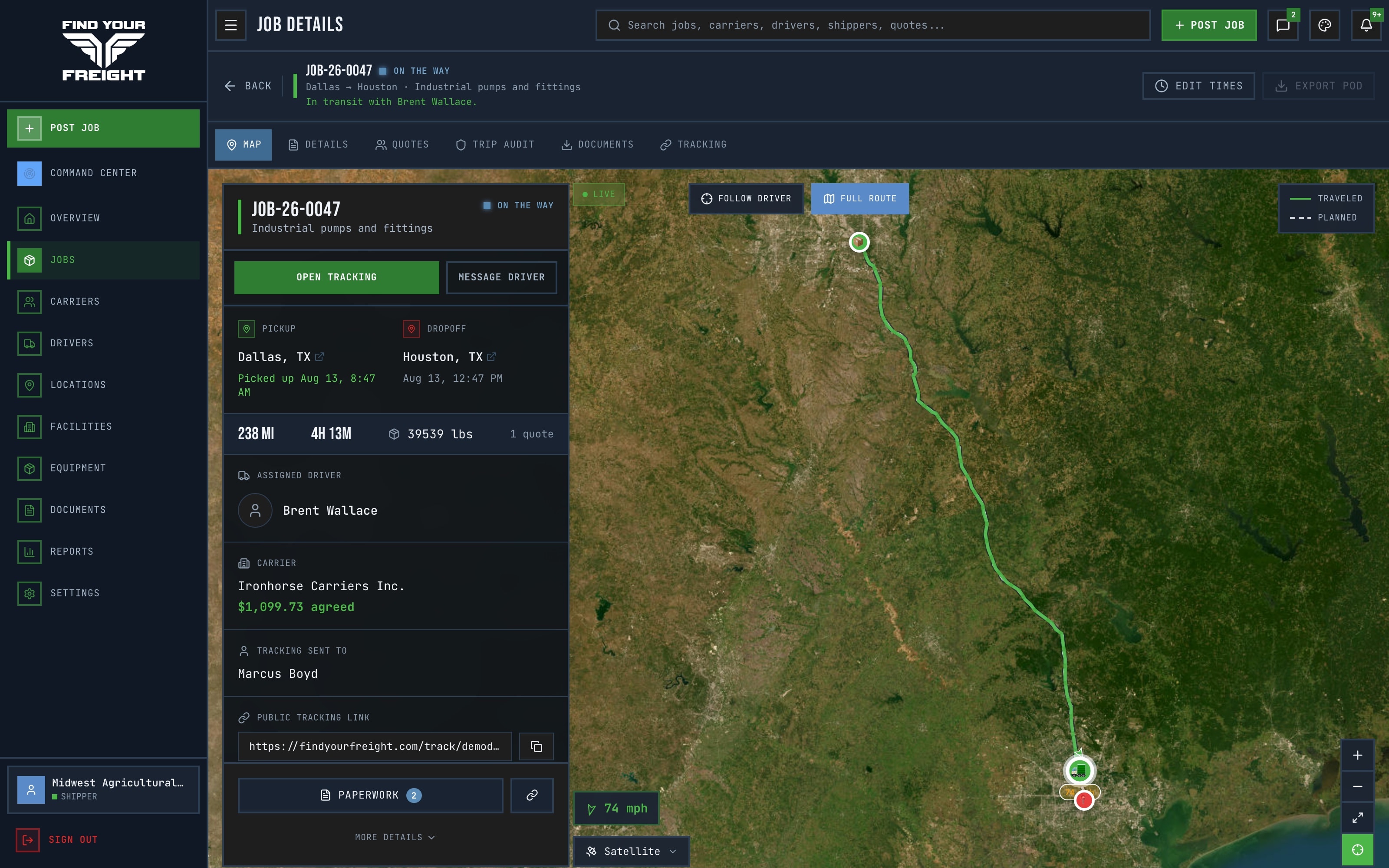 FYF job detail — live satellite route map, agreed rate, driver, and public tracking link