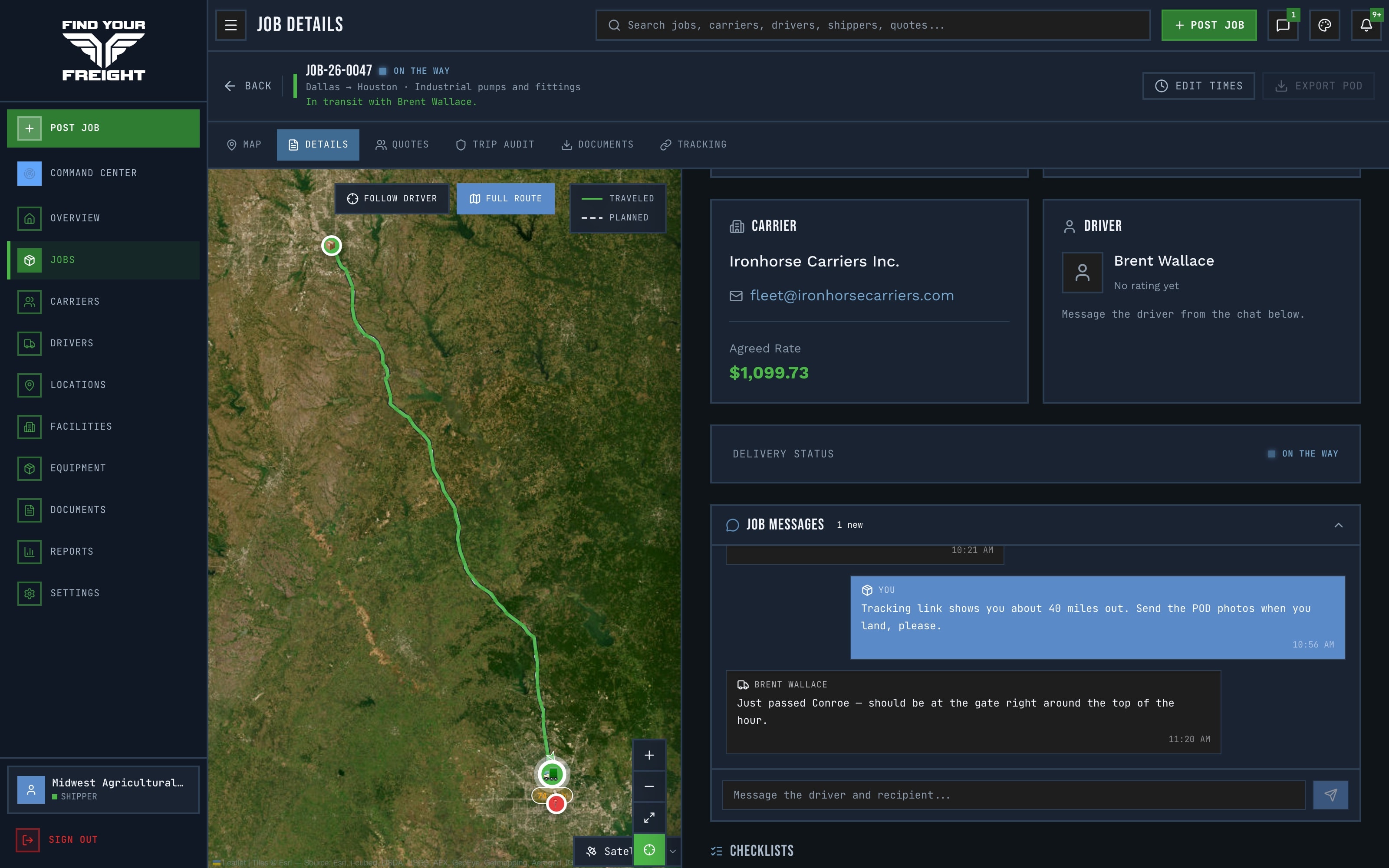 FYF job thread — driver, shipper, and recipient messaging on one job