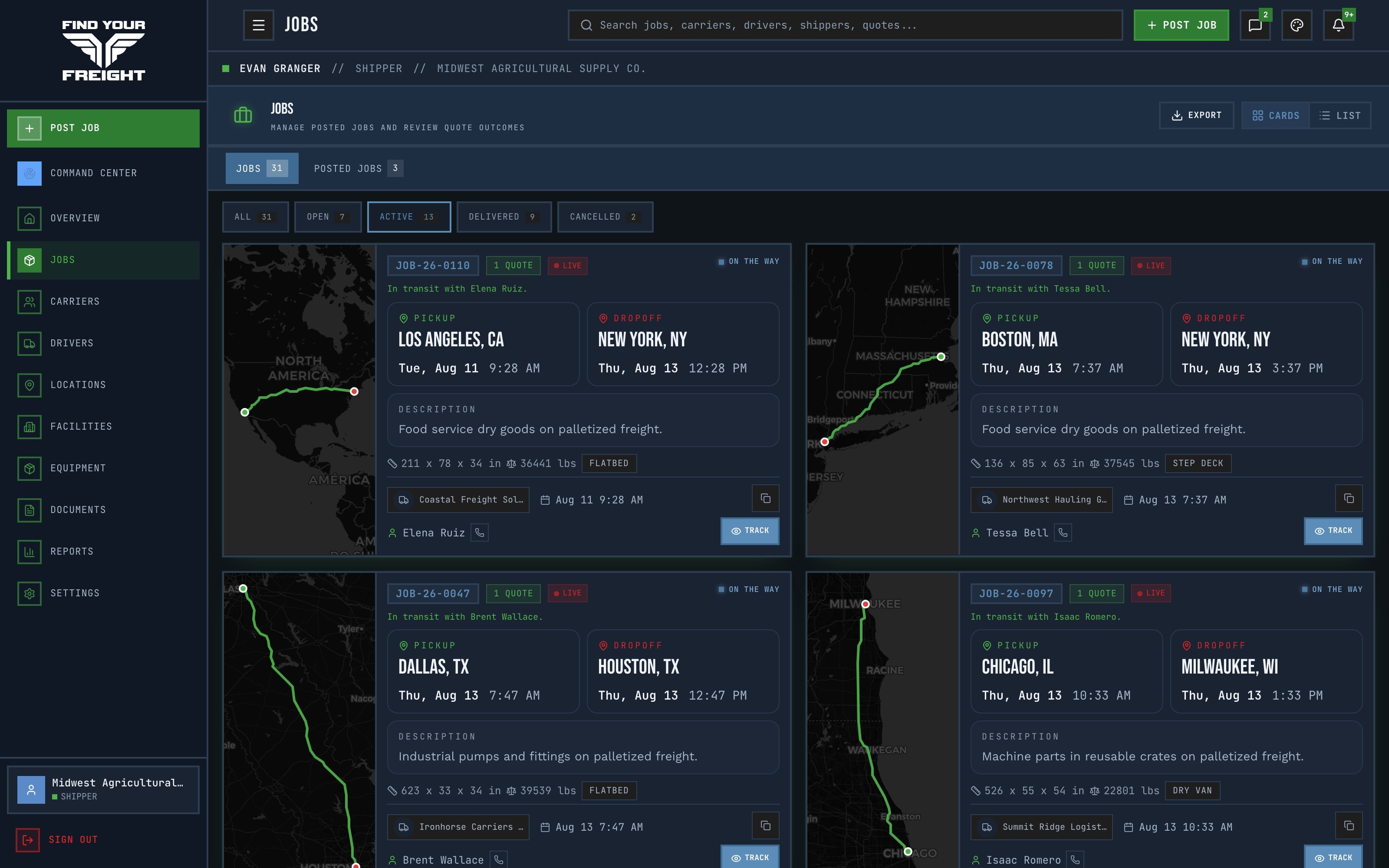 All-jobs view with route maps, statuses, and carrier assignments