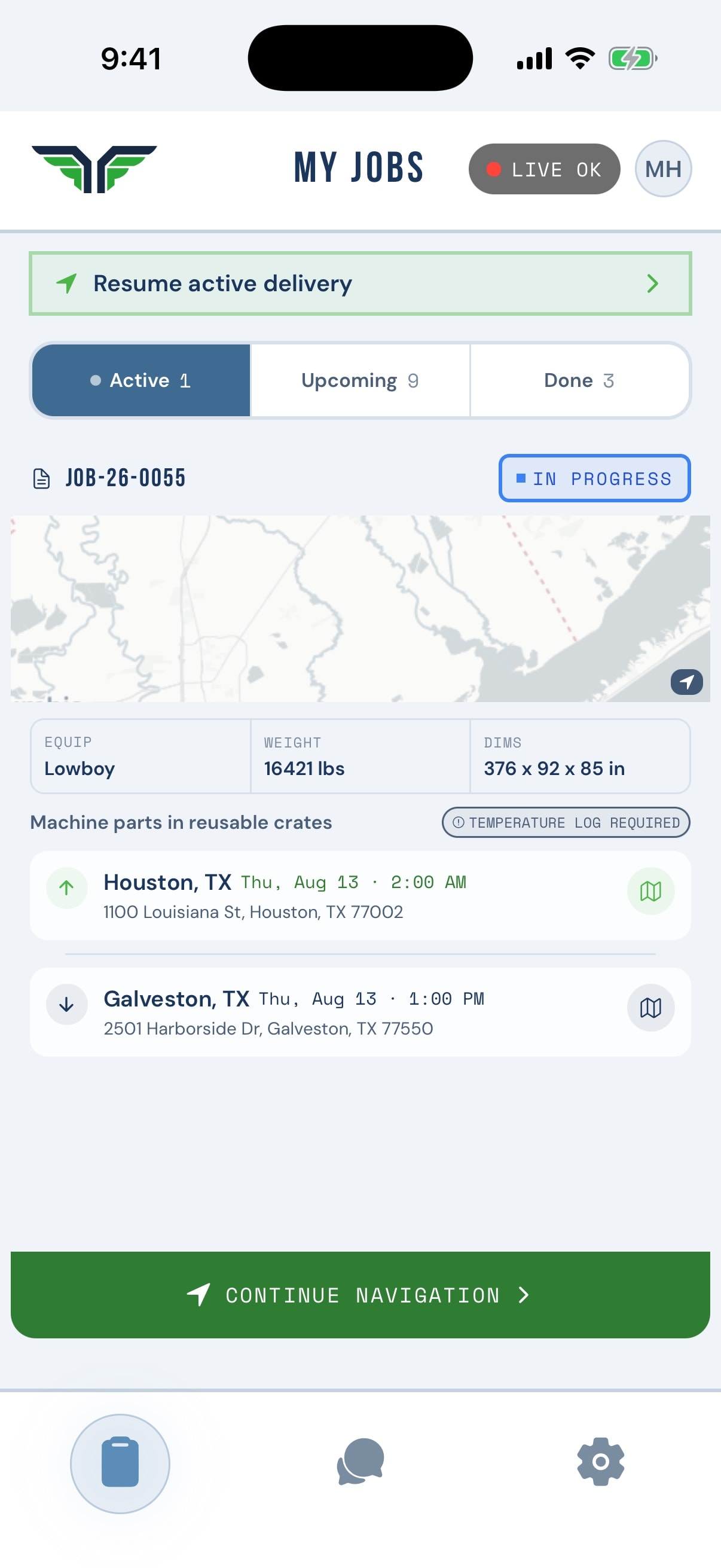Find Your Freight driver app — active job with live tracking status