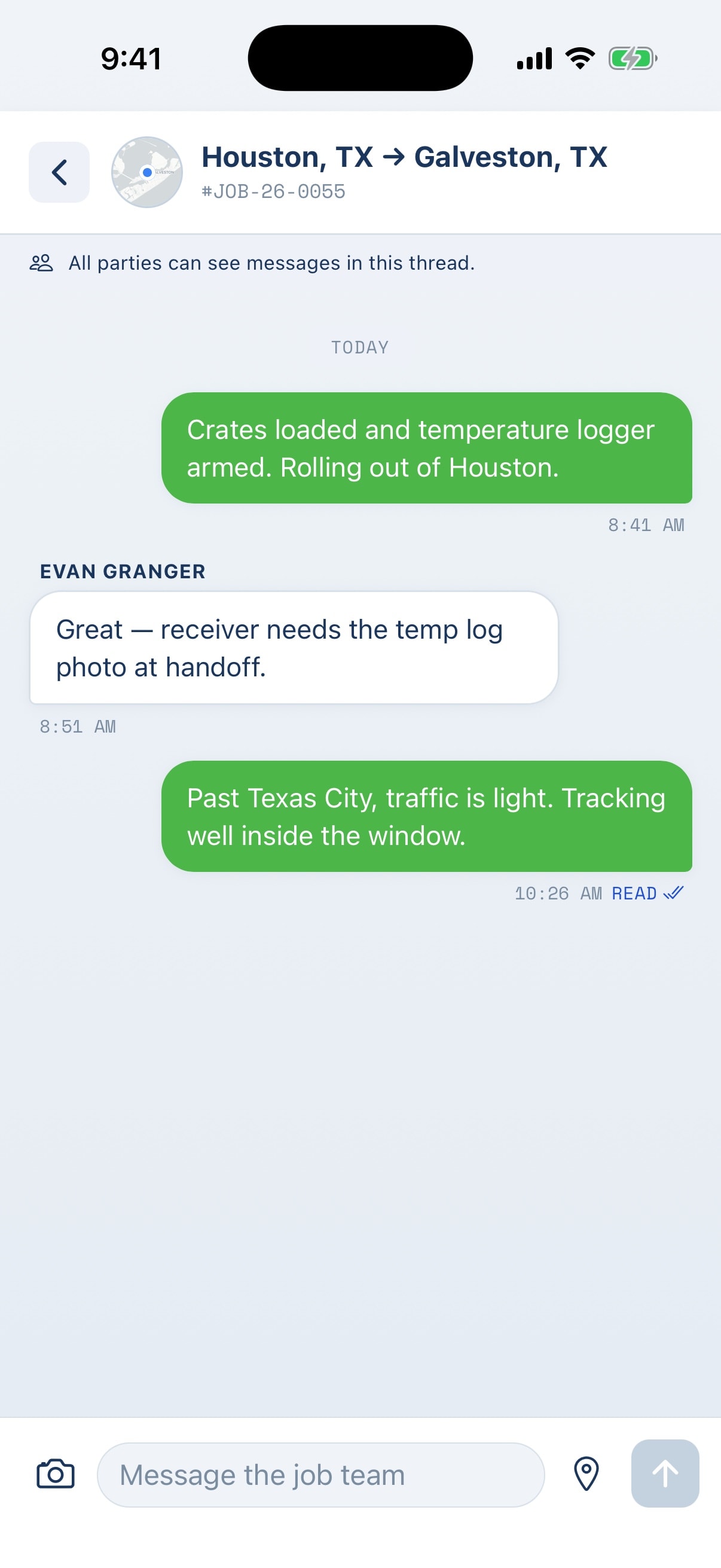 Driver app job chat — driver and shipper messages tied to the load