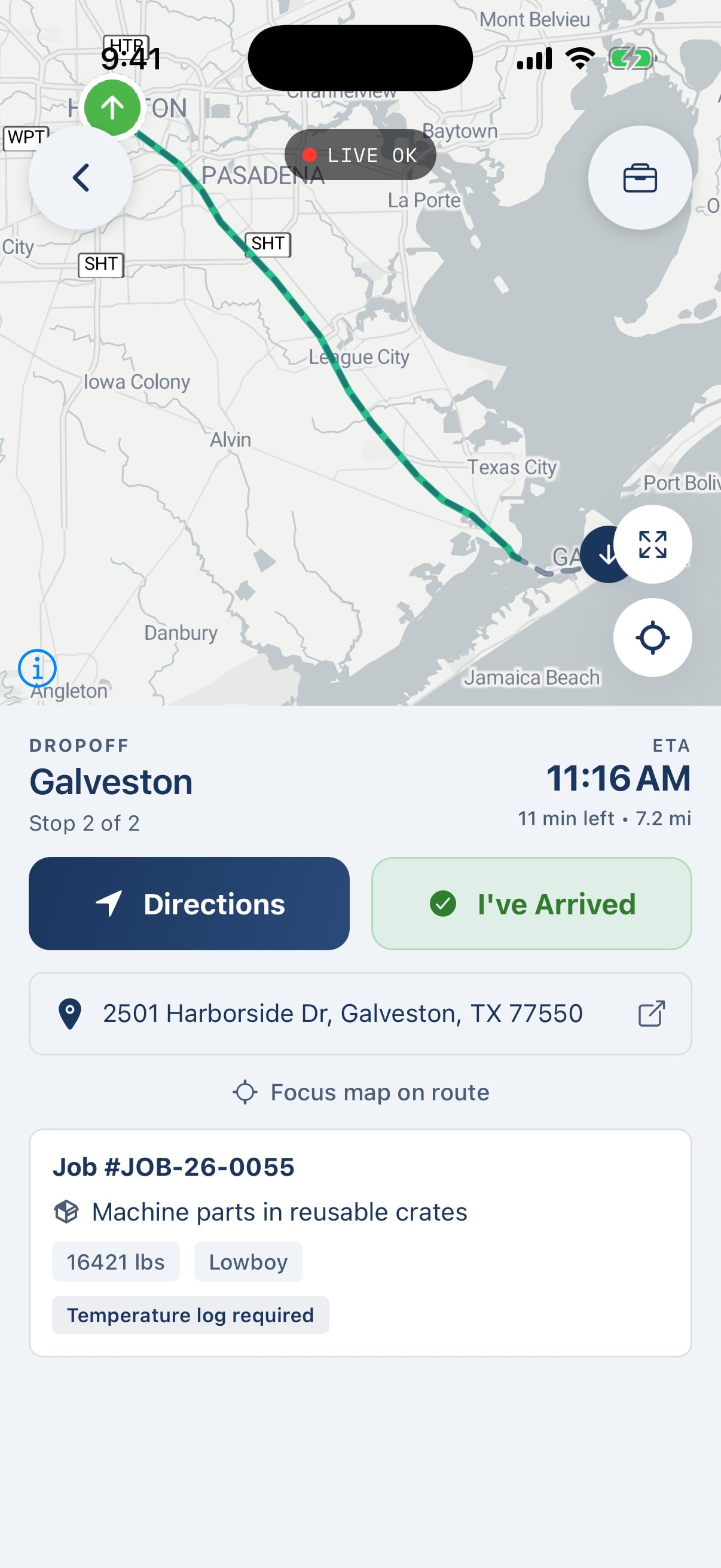 Find Your Freight driver app — live route to the dropoff with one-tap arrival