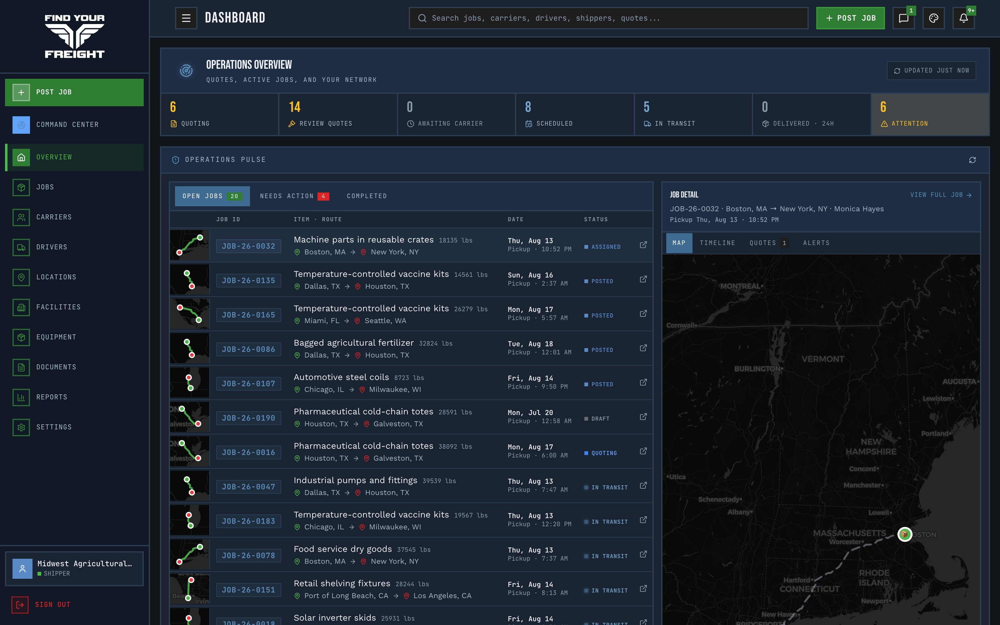 FYF operations overview — live pipeline, job pulse board, and job detail with map in one dashboard