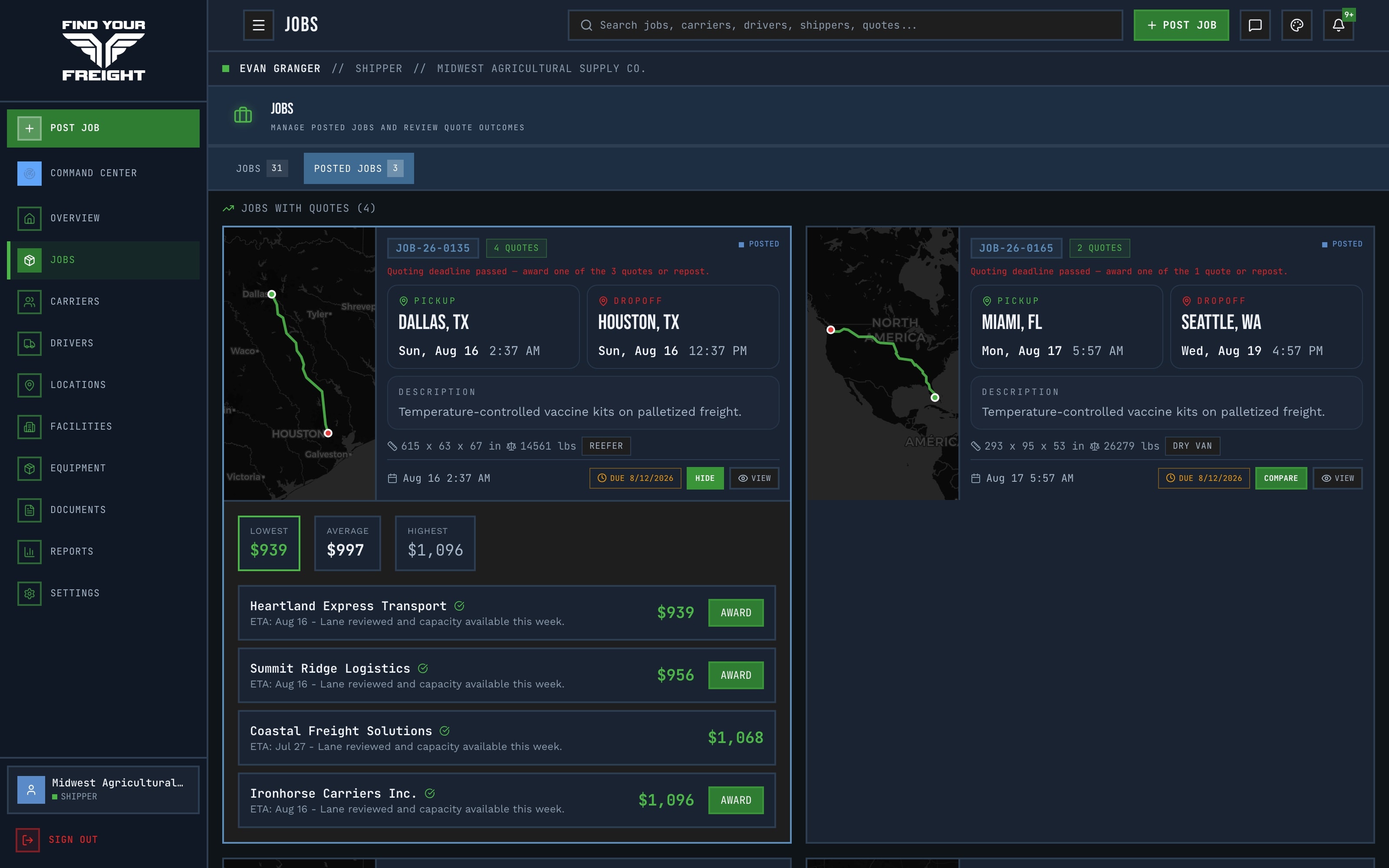 FYF quote comparison — carrier quotes side by side with one-click award